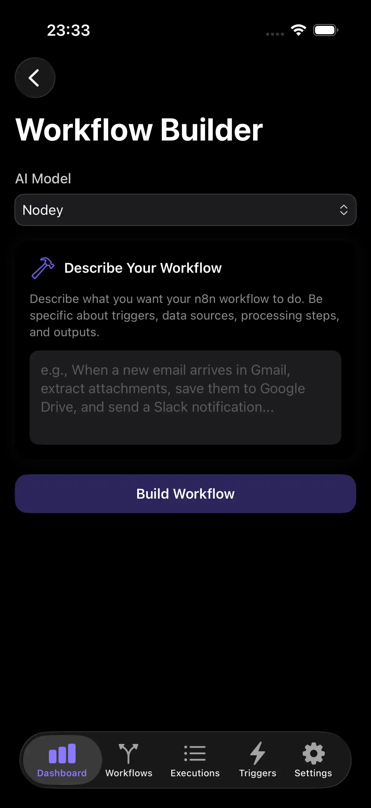 Mobile app screen titled Workflow Builder with AI model selection, workflow description input, and a Build Workflow button.