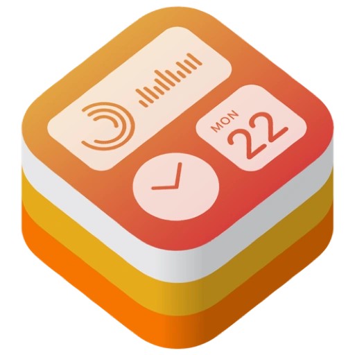 3D icon with three layered rectangles showing a circular chart, a line graph, and a calendar date Mon 22.
