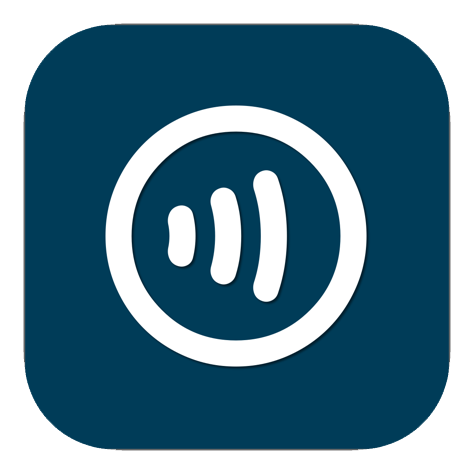 White sound waves icon inside a circle on a rounded dark blue square background.