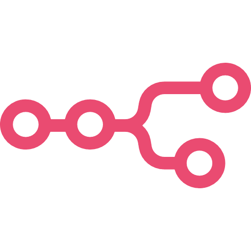 Pink branching network icon with connected circular nodes on a black background.